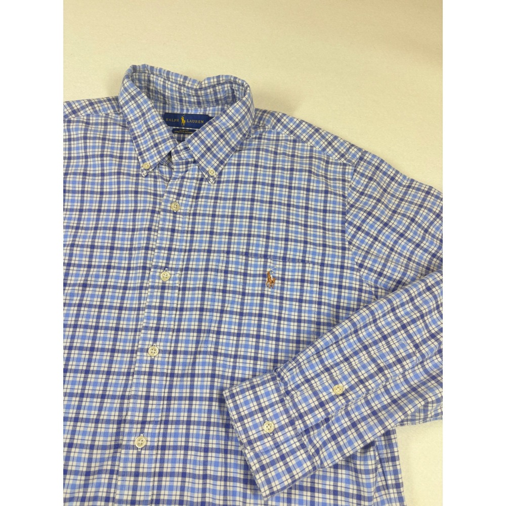 Ralph Lauren Oxford Button‎ Down Shirt Glen Plaid Preppy Size XL Blue Classic
